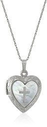 Sterling Silver Heart with Mother-of-Pearl Cross Design Locket Necklace, 19.05''