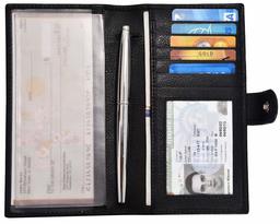 Leather Checkbook Cover for Men & Women- Checkbook Registers RFID Blocking Checkbook Wallet (Black Smooth)