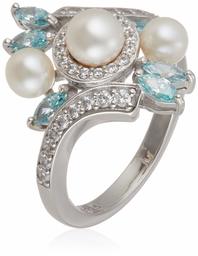 Platinum-Plated Sterling Silver Freshwater Pearl Bypass with Frosty Mint Swarovski Zirconia Accents Ring, Size 7