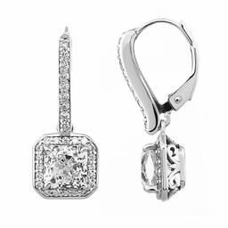 Sterling Silver Rhodium Plated Cubic Zirconia Clear Color Princess Cut Halo Drop Earrings