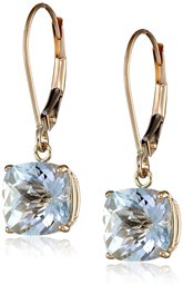 10k Yellow Gold Cushion-Cut Checkerboard Aquamarine Leverback Earrings (8mm)