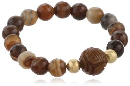 Brown and Cream Color Faceted Dyed Agate with Brown Tone Marble Carved Center Bead Stretch Bracelet, 7.5