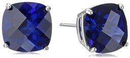 14k White Gold Cushion-Cut Checkerboard Created Blue Sapphire Stud Earrings