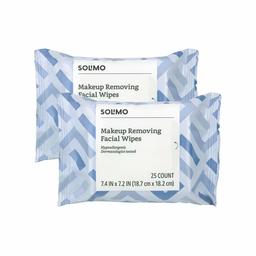 Amazon Brand - Solimo Makeup Removing Facial Wipes, Hypoallergenic, Dermatologist Tested, 25 Count (Pack of 2)