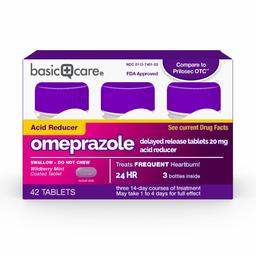 Basic Care Omeprazole Delayed Release Tablets Acid Reducer, Wild Berry Mint, 42-ct