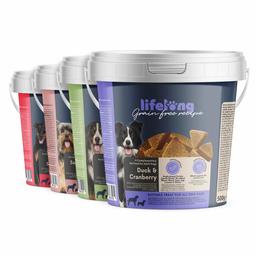 Marque Amazon - Lifelong - Friandises pour chiens, sans blé, avec mono-protéine,  avec mono-protéine -sélection mixte avec Superfoods  (4 seaux x 500gr)