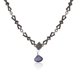 Marcasite Link with Iolite Flat Faceted Drop Pendant Necklace