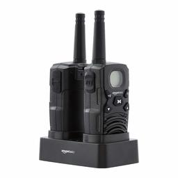 AmazonBasics 2 Way Radio Walkie Talkie with desktop charger, batteries, long distance connection, LCD display, FM Radio (Pack of 2)