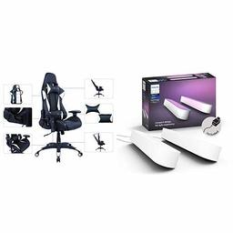 AmazonBasics Gaming Office Chair, Racing Design, PU leather, White + Philips Hue Play White double pack Bundle