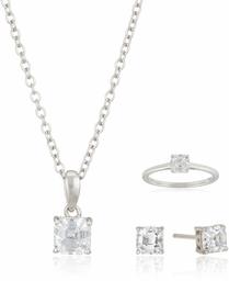 Sterling Silver Rhodium Plated Cubic Zirconia Clear Color Pendant Earrings & Ring Set (Japan 18/US 9)