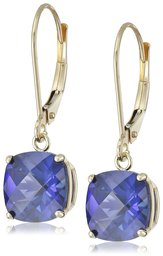 10k Yellow Gold Cushion-Cut Checkerboard Created Sapphire Leverback Earrings (8mm)