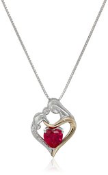 Sterling Silver and 14k Yellow Gold Heart Mother's Jewel Created Ruby and Diamond Accent Pendant Necklace, 18