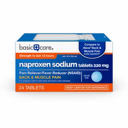 Amazon Basic Care Back & Muscle Pain Naproxen Sodium Tablets, 220 mg, Pain Reliever and Fever Reducer, 24 Count