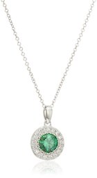 Platinum-Plated Sterling Silver Swarovski Zirconia Green Round-Cut Halo Pendant Necklace, 16