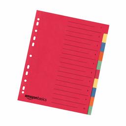 AmazonBasics Dividers - Recycled Manilla, Euro-Punched, Extra-Wide with 10 Tabs in 5 Colours, 24 x 29.7 cm, A4, 230 GSM, Pack of 30