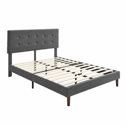 AmazonBasics Faux-Linen Upholstered Square Stitched Platform Bed - Mattress Foundation - Easy Assembly - Strong Wood Slat Support-Dark Grey, Queen