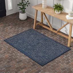 Amazon Brand – Stone & Beam Contemporary Floral Medallion Wool Area Rug, 4' x 6', Blue on Blue