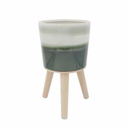 Amazon Brand – Rivet Mid-Century Stoneware Planter with Wood Stand, 12.99