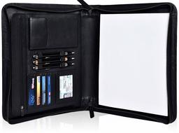 Leather-Portfolio for Men and Women - Genuine Leather Professional Zippered Padfolio, Multi-Pocket Folder with Laptop Sleeve, Mobile and Card Holders (Black Nappa)