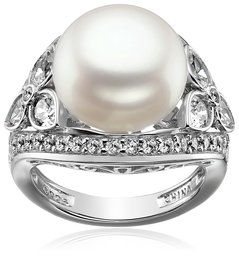 Amazon CollectionPlatinum-Plated Sterling Silver Cubic Zirconia Vintage Freshwater Cultured Pearl Cocktail Ring, Size 7