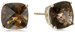 14k Yellow Gold Cushion-Cut Checkerboard Smoky Quartz Stud Earrings (8mm)