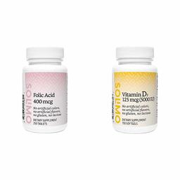 Amazon Brand - Solimo Folic Acid 400 mcg, 250 Tablets, More Than Eight Month Supply & Solimo Vitamin D3 125 mcg (5000 IU), 150 Softgels, Five Month Supply (Packaging May Vary)