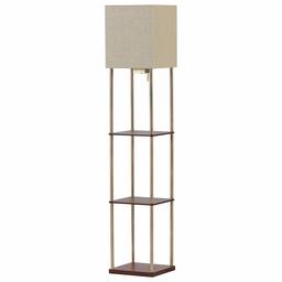 Rivet Olive 4 Wood Shelf Standing Floor Lamp With Light Bulb and USB Charging Station - 11.8 x 11.8 x 62 Inches, Brass