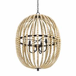 Amazon Brand – Stone & Beam Modern Farmhouse Round Wood Bead Cage Chandelier Ceiling Fixture With 4 LED Light Bulbs - 23 x 23 x 33 Inches, Natural