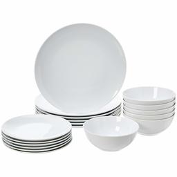 AmazonBasics 18-Piece Kitchen Dinnerware Set, Plates, Dishes, Bowls, Service for 6, White Porcelain Coupe