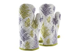 Amazon Brand - Solimo 100% Cotton Padded Oven Gloves, Fern (Pack of 2, White)