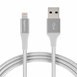 AmazonBasics Double Braided Nylon Lightning to USB Cable, Advanced Collection, MFi Certified Apple iPhone Charger, Silver, 6 Foot