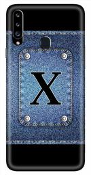 Amazon Brand - Solimo Designer Button Jeans Alphabet-X 3D Printed Hard Back Case Mobile Cover for Samsung Galaxy A20s