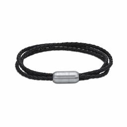 men's black leather with stainless steel magnetic clasp bracelet