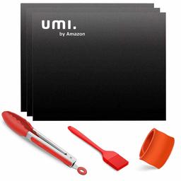 UMI. by Amazon - Set of 6 BBQ Grill Mat Non Stick Barbecue Baking Mats for Charcoal, Gas or Electric Grill - Reusable and Easy to Clean (3 Extra Large Grill Mats + Tongs + Brush + Storage Ring