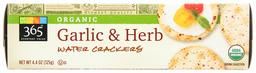 365 Water Crackers, Organic, Herb & Garlic, 4.4 oz