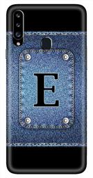 Amazon Brand - Solimo Designer Button Jeans Alphabet-E 3D Printed Hard Back Case Mobile Cover for Samsung Galaxy A20s