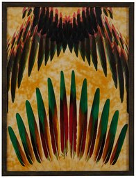 Amazon Brand – Rivet Spanned Red, Green and Gold Feathers in Dark Gray Frame Wall Art, 13