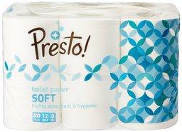 Amazon Brand - Presto! 3 Ply Toilet Paper/Tissue Roll - 12 Rolls (300 Pulls Per Roll)