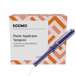 Amazon Brand - Solimo Plastic Applicator Tampons, Super Plus Absorbency, Unscented, 36 Count, 1 Pack