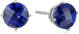 10k White Gold Round Checkerboard Cut Created Sapphire Stud Earrings (6mm)