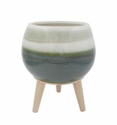 Amazon Brand – Rivet Mid-Century Stoneware Planter with Wood Stand, 11.02