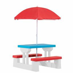 AmazonBasics Plastic Multicolored Kids Outdoor Table with Umbrella - Red/White/Blue (Renewed)