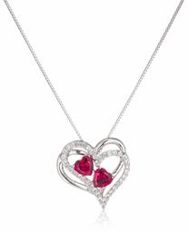 Sterling Silver Created Ruby and White Sapphire Double Heart Pendant Necklace, 18