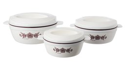 Amazon Brand - Solimo Regal Insulated Casseroles Set with Roti Basket, 3-Piece, White