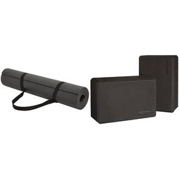 AmazonBasics 1/4-Inch Yoga Mat with Carrying Strap (Black) and Yoga Blocks (Set of 2) Bundle