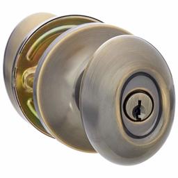 AmazonBasics Exterior Door Knob With Lock, Oval Egg, Antique Brass