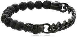 Men's Black Lava Beaded Black IP Stainless Steel Skull and Chain Link Stretch Bracelet, 8-9