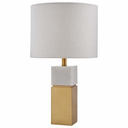 Amazon Brand – Rivet Mid-Century Modern Square Pillar Living Room Table Lamp With LED Light Bulb - 10.5 x 10.5 x 18 Inches, White Marble and Brass