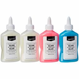 AmazonBasics Glow in The Dark Liquid Glue, Washable, Assorted Colors, 5 oz. Bottle, 4-Pack -with- All Purpose Washable School Liquid Glue, 1 GL