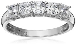 Platinum or Gold Plated Sterling Silver Asscher-Cut 5-Stone Ring made with Swarovski Zirconia, Size 6